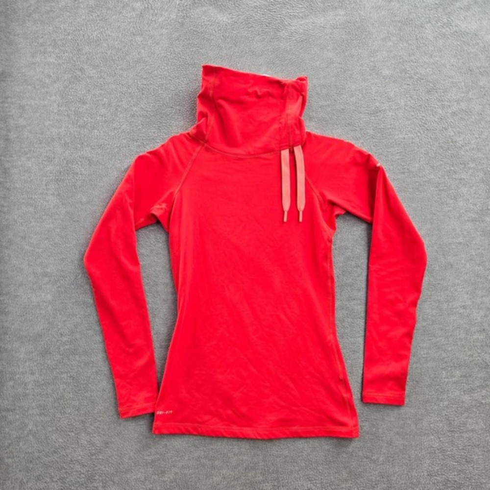 Nike Pro Women Sweatshirt S Red Dri-Fit Long Sleeve Logo Polyester Cowl Neck